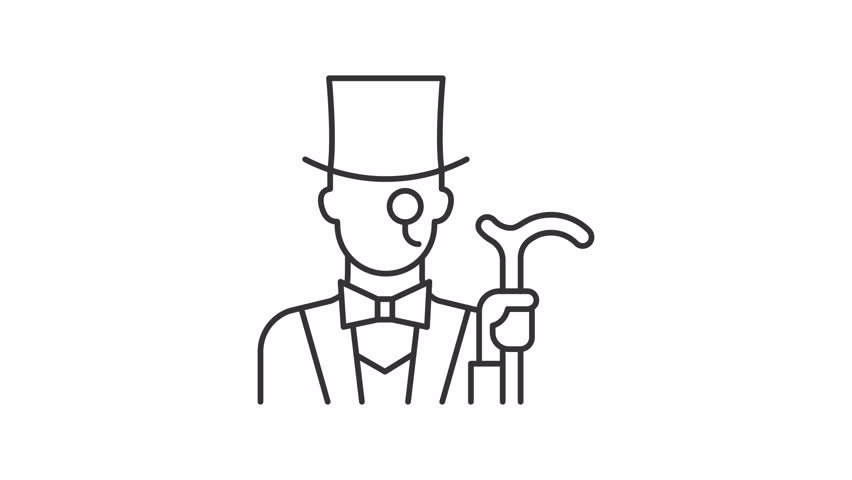 Aristocratic elite line animation. Wealthy person animated icon. Shaking head. Moving hand with cane. Elegant man, nobility. Outline element on white background. HD video with alpha channel