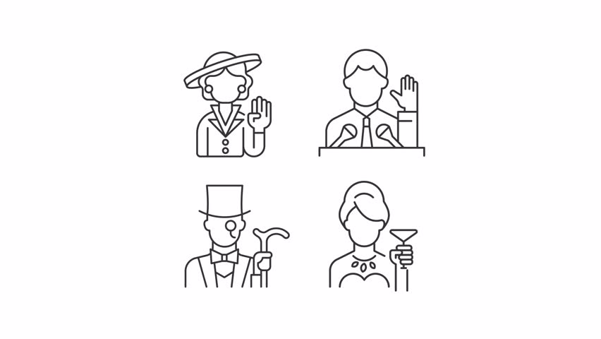 Rich people line animation set. Social elite animated icons. Public speaker. Politician, aristocracy. Luxury, success. Outline elements on white background. HD video with alpha channel