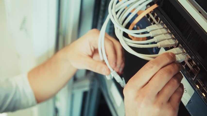 data transfer, internet connectivity, and IT infrastructure management.Modern server room with blinking Ethernet lights, LAN cables, and network switch. Data center infrastructure for cloud computing