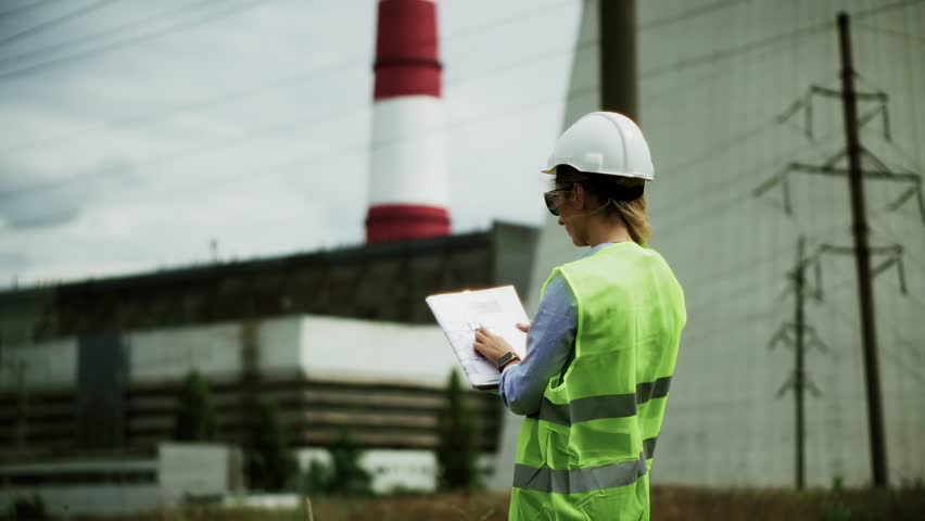 Electrical technician inspects coal-fired power plant. Power engineer oversees electricity generation, powerlines, and high-voltage systems. Industrial worker at energy facility ensuring safety