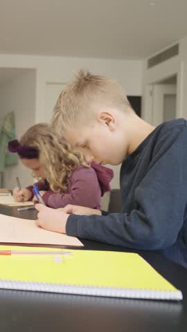 Concentrated siblings doing homework together at home