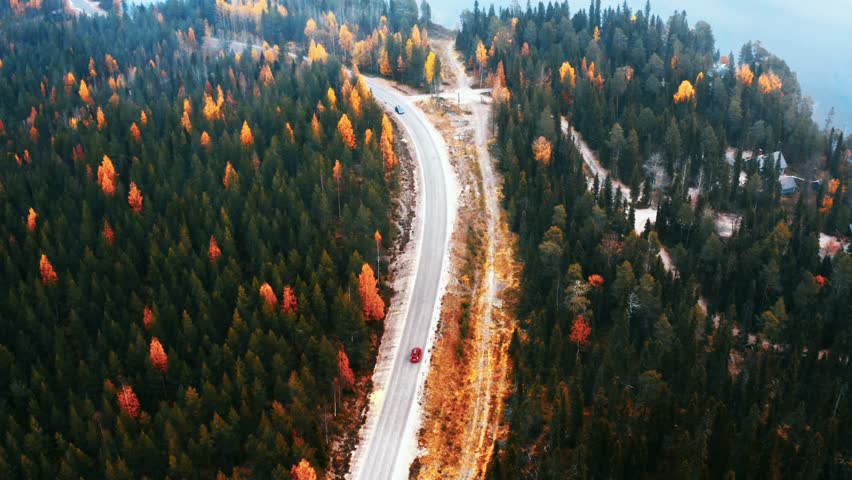 Aerial drone view of rural road with cars driving in yellow and orange color autumn forest and blue lake  in Finland Lapland