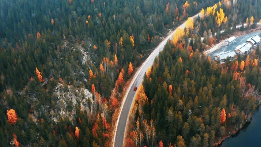 Aerial drone view of rural road with cars driving in yellow and orange color autumn forest and blue lake  in Finland Lapland