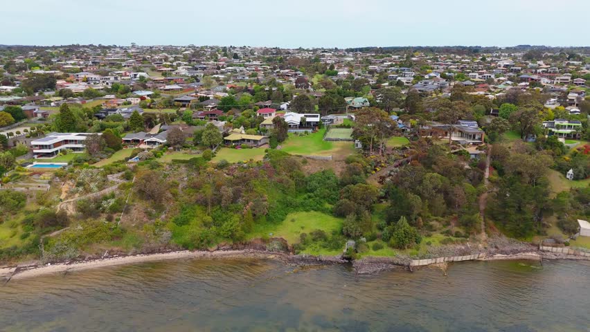An expansive aerial view captures the residential landscape of Point England, Auckland, bordered by the calm waters of the sea, highlighting urban coastal living.