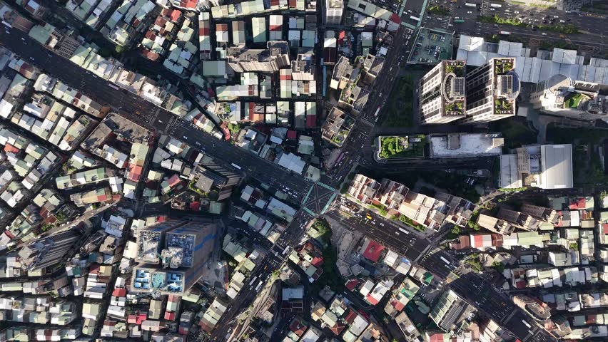 Top-Down Drone View of Taipei Urban Street Grid and Riverside Track