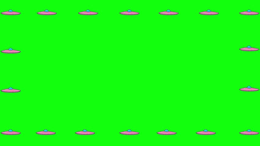UFO alien ship cartoon icons frame design on green screen.