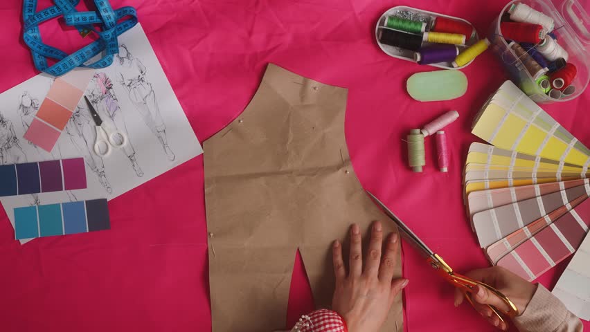 Top view of a tailors workplace with necessary tools for clothing design. A tailor is cutting a pattern on pink fabric with scissors. Atelier, design and tailoring concept.