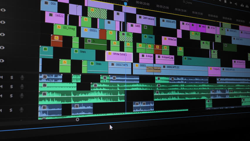 Multitrack timeline with audio and video layers in editing software, Detailed view of video editing interface showing stacked tracks and audio waveforms