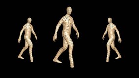 A 3D animation of a golden humanoid figure composed of individual plates, dancing joyfully in a polygonal style. The segmented surface and fluid motion create a visually engaging and futuristic effect - Powered by Shutterstock - Get 15% off with code: PIKWIZARD15