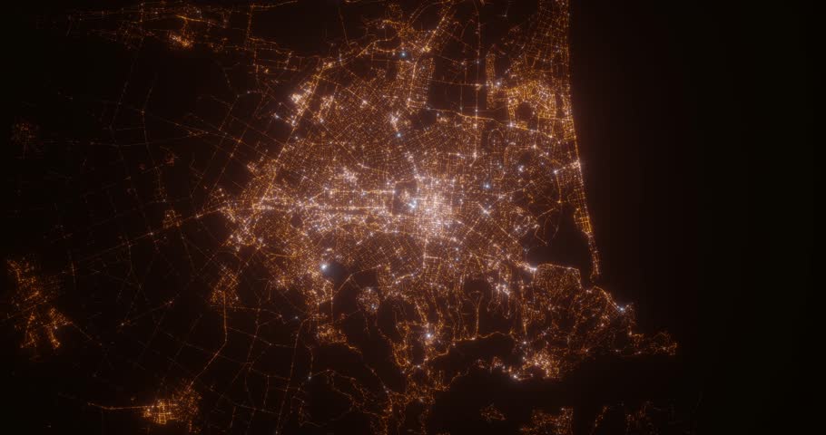 Christchurch (New Zealand) aerial view at night. Top view on city from space. Camera is zooming in, rotating clockwise