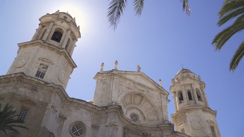 Captivating low angle capture of the Cathedral of Cadiz, a catholic church located in old town in Cadiz, Andalusia, Spain