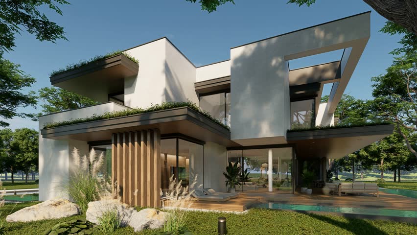 4K video rendering of two-story house with parking and pool for sale or rent with concrete facade and beautiful landscaping on background. Clear sunny summer day with blue sky.