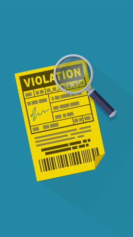 Animation loop of a magnifying glass controlling a violation ticket on a blue background with long shadow in flat design style (portrait)