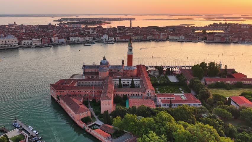 Aerial view of Venice, Italy. Sunrise in the Venetian lagoon, island San Giorgio Maggiore