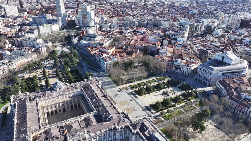 Royal Palace At Madrid In Comunidad De Madrid Spain. Medieval City Scenery. Royal Theater. Madrid At Comunidad De Madrid Spain. Beautiful Garden. Oriente Square Skyline.