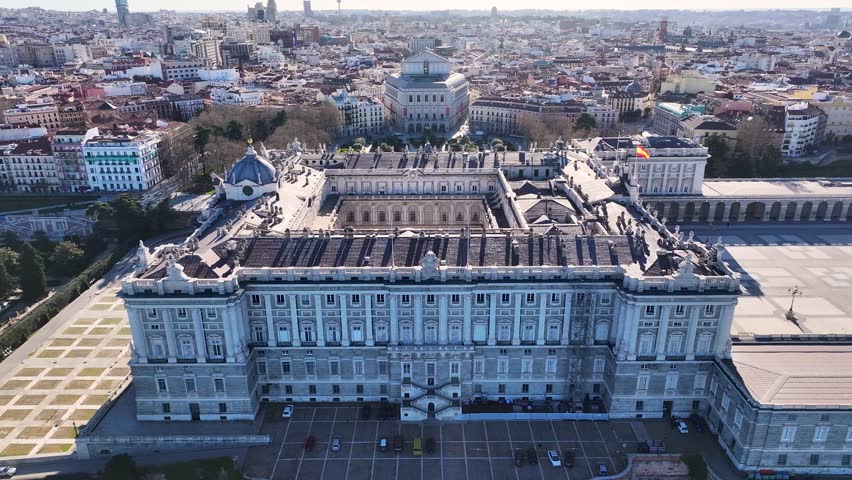 Royal Palace Of Madrid At Madrid In Community Of Madrid Spain. Medieval City Scenery. Royal Theater. Beautiful Garden. Royal Palace Of Madrid In Spain. Oriente Square Skyline.