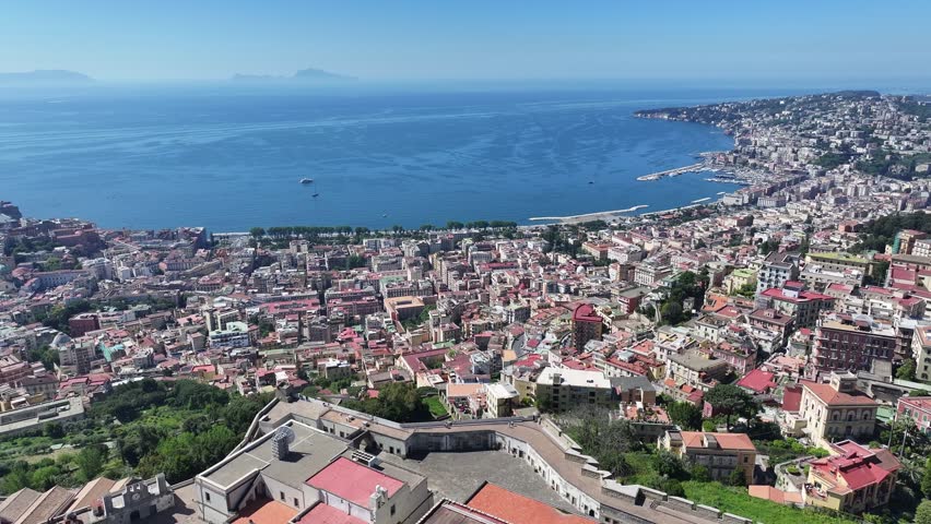 Sant Elmo Castle At Naples In Campania Italy. Downtown Cityscape. Gulf Of Naples Landscape. Sant Elmo Castle At Naples In Campania Italy. Beautiful Skyline. Coastline Scenery. Italy Landscape.