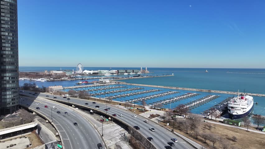 Navy Pier At Chicago In Illinois United States. Downtown District. Highrise Buildings Landscape. Navy Pier At Illinois United States. Metropolitan Park. Stunning Cityscape.