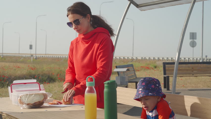 A woman is slicing food on a picnic table while a young boy sits nearby. They are outdoors in a scenic, open area in Crimea, enjoying a peaceful moment together.