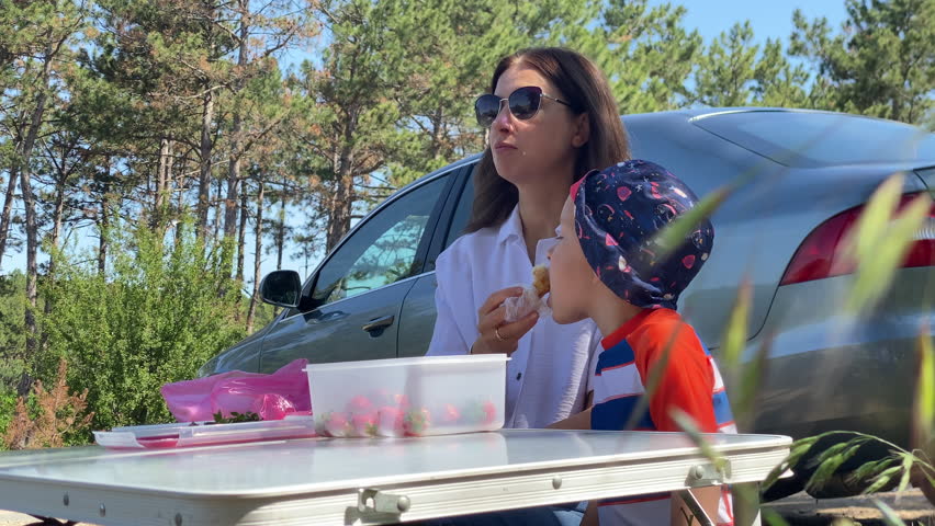 A woman and a young child are enjoying a snack outdoors, seated at a portable table with a container of strawberries, with a car and trees in the background.
