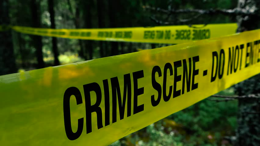 Close up or closeup footage of a yellow vibrant coloreed Crime Scene Do Not Enter tape in front of a investigation homicide area in a dark forest that has sun rays shining between trees. Bokeh back.