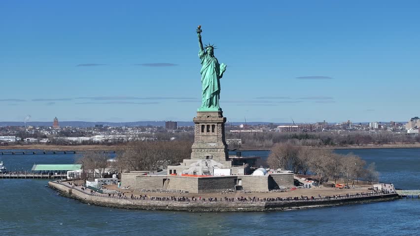 Statue Of Liberty At Manhattan In New York United States. Liberty Island. Port Of New York Scene. Statue Of Liberty At New York United States. Boat Sailing Scenery.