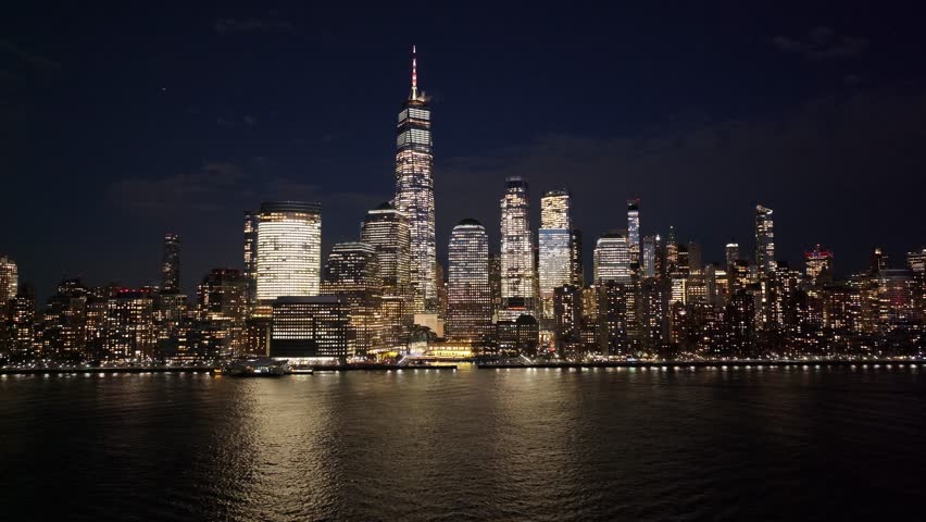 Night View Of Downtown New York At Manhattan In New York United States. City At Night Landscape. Illuminated Downtown. Downtown New York At New York United States. Empire State Building.