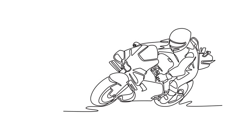 Animated self drawing of continuous line draw attractive rider on sport motorcycle leaning and dragging knee. Active moto racer practice to improve speed at circuit. Full length single line animation