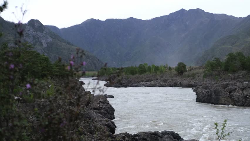 A serene river flows through rocky terrain, surrounded by lush greenery and distant mountains under a cloudy sky. The landscape showcases natural beauty and tranquility.