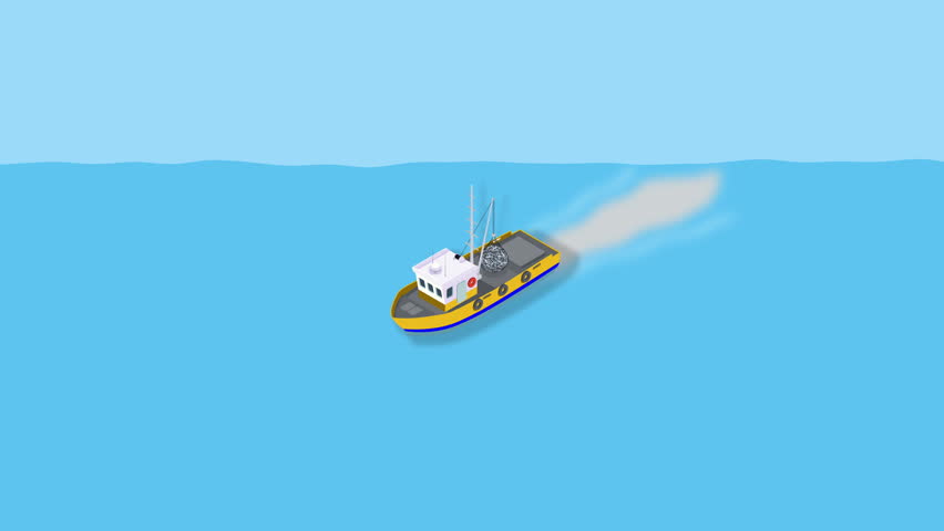 boat in the sea, fishing vessel isometry. Animation, motion grahpic, video 4k