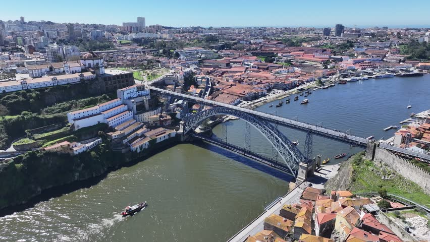 Porto Skyline At Porto In District Of Porto Portugal. Coastal City. Luis I Bridge Landscape. Boat Sailing. Porto Skyline In Portugal. Portugal Skyline. Travel Landscape.