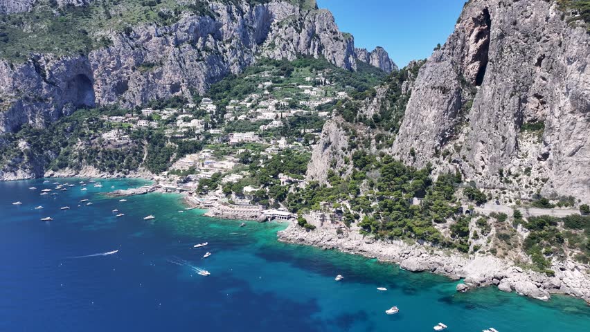 Capri Island At Naples In Campania Italy. Beach Landscape. Tourism Landmark. Capri Island At Naples In Campania Italy. Gulf Of Naples Skyline. Coastal Cityscape. Mediterranean Sea.