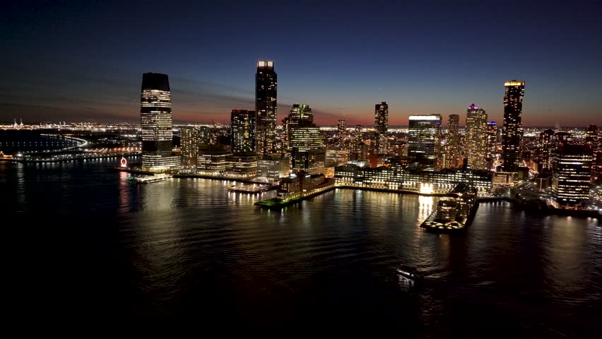 Sunset Skyline In Jersey City In New Jersey United States. Sunset Landscape. Metropolitan District. Jersey City Skyline At New Jersey United States. Highrise Buildings Scenery.