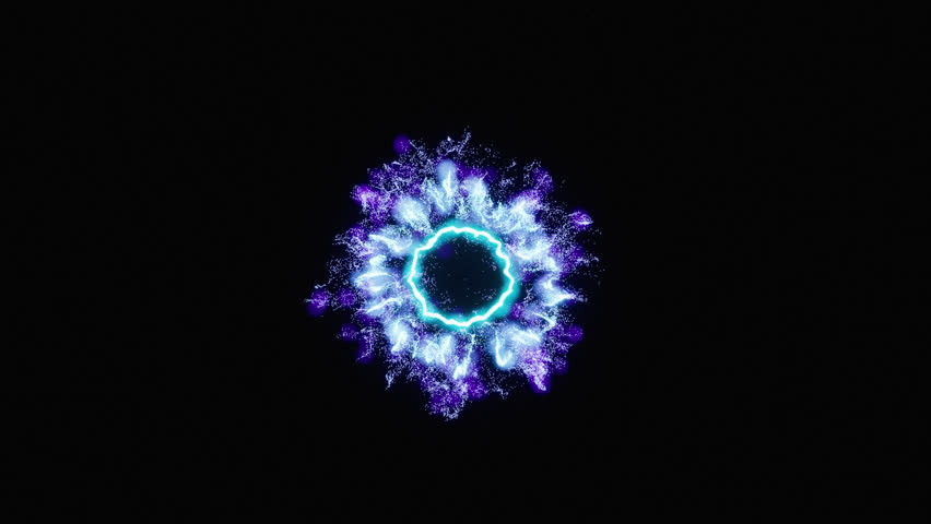 Blue shock wave explosion design element in motion on black isolated layer for overlay during editing