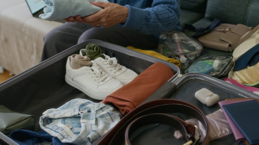 Elderly woman in blue knitted cardigan sitting on sofa in home environment and putting folded things into suitcase for baggage while preparing for travel