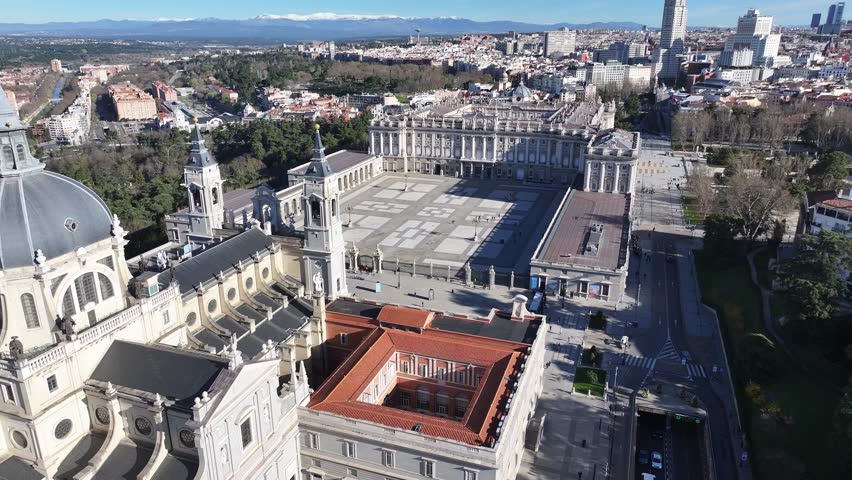 Royal Palace Of Madrid At Madrid In Community Of Madrid Spain. Medieval Buildings Landscape. Downtown District. Capital City Scenery. Royal Palace Of Madrid In Spain. Beautiful Cityscape.