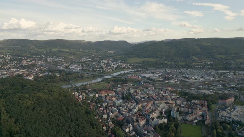 Old town in landscape drone aerial panorama view, Decin town Czechia