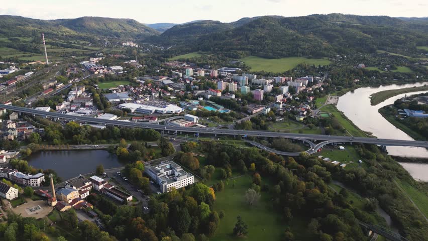 Old town in landscape drone aerial panorama view, Decin town Czechia