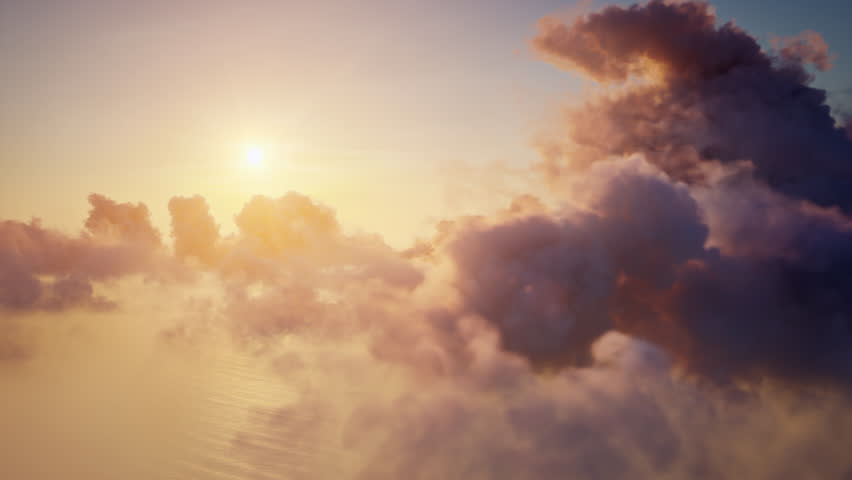 Flying over the evening timelapse clouds with the late sun. Seamlessly looped 3D render animation. Flight through moving cloudscape with beautiful sun rays. Traveling by air. Perfect for background