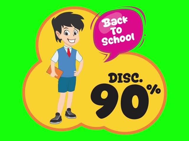 Animation Back to School Discount 90%. Animated cartoon boy with a 90% back to school discount label.