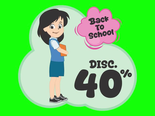 Animation Back to School Discount 40%. Animated cartoon girl with a 40% back to school discount sign.