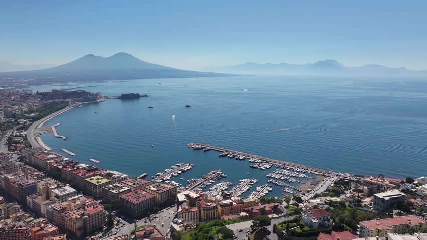 Bay Of Naples At Naples In Campania Italy. Coastal City. Seascape Bay Water. Bay Of Naples At Naples In Campania Italy. Stunning Skyline. Beautiful Coastline. Italy Landscape.