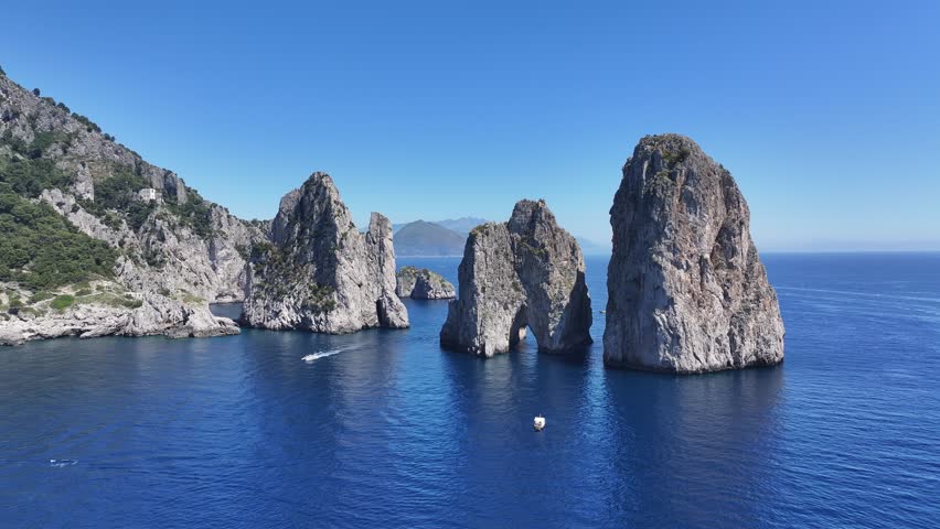 Capri Skyline At Naples In Campania Italy. Beach Landscape. Giant Cliffs Scene. Capri Skyline At Naples In Campania Italy. Gulf Of Naples Skyline. Mediterranean Sea Coast. Scenic Capri Island.