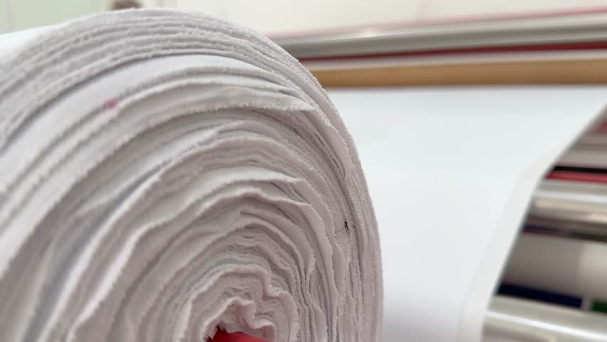 Close-up video of a large roll of white fabric spinning during the textile manufacturing process. The fabric is tightly rolled and rotates continuously