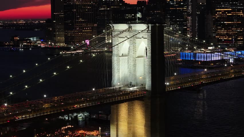 Brooklyn Bridge At Manhattan In New York United States. Illuminated Downtown. Sunset City Landscape. Brooklyn Bridge At New York United States. Brooklyn Bridge.