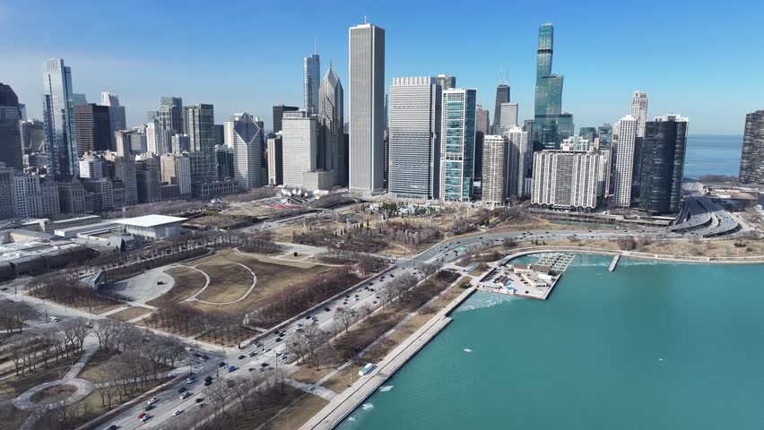 Lakefront Park At Chicago In Illinois United States. Highrise Building Scenery. Downtown City Landscape. Lakefront Park At Illinois United States. Business District. Nature Park Scene.