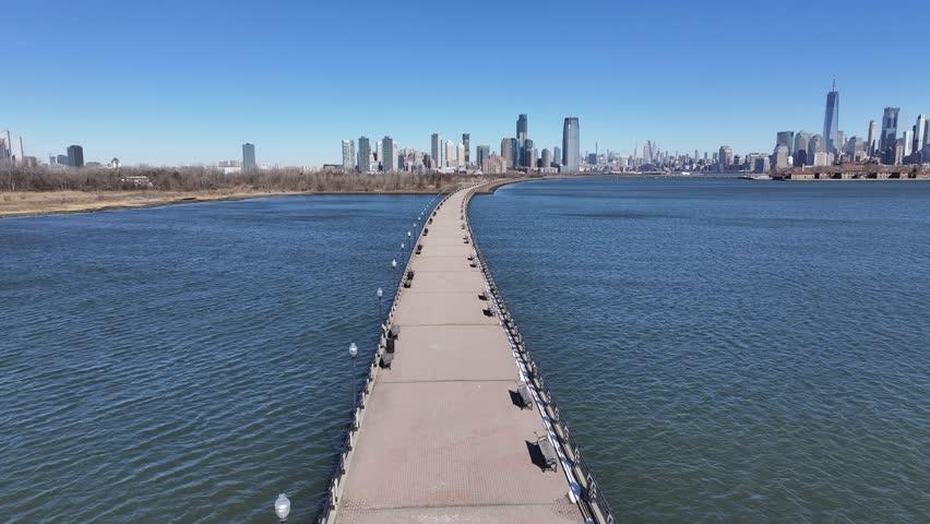 Liberty State Park At Jersey City In New Jersey United States. Highrise Buildings Scenery. Downtown New York. Liberty State Park At New Jersey United States. Coastline Landscape.