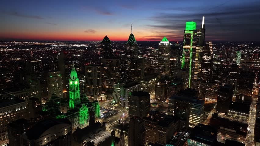 Sunset Skyline Downtown Philadelphia At Philadelphia In Pennsylvania United States. Highrise Buildings Landscape. Colorful Sunset. Philadelphia At Pennsylvania United States.