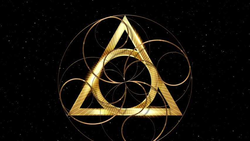 Animation of mystical triangle, All seeing eye, gold masonry and illuminati symbol. Geometric alchemy occult and mystic sign. Looping video of esoteric Sacred Geometry on starry galaxy background