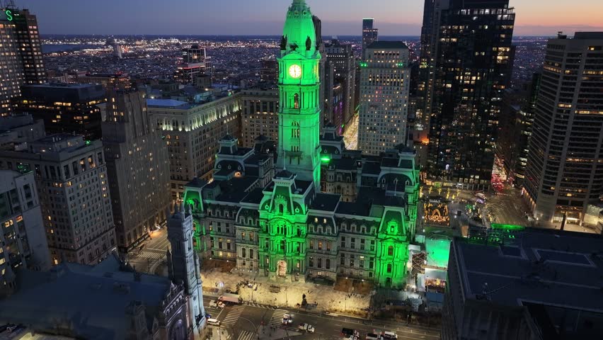 Sunset Skyline City Hall At Philadelphia In Pennsylvania United States. Highrise Buildings Landscape. Colorful Sunset. Philadelphia At Pennsylvania United States.